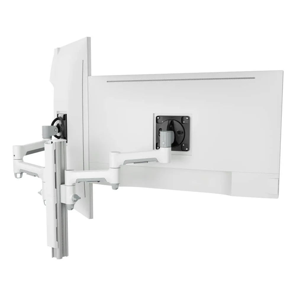Atdec dual swing monitor arms on a post in white