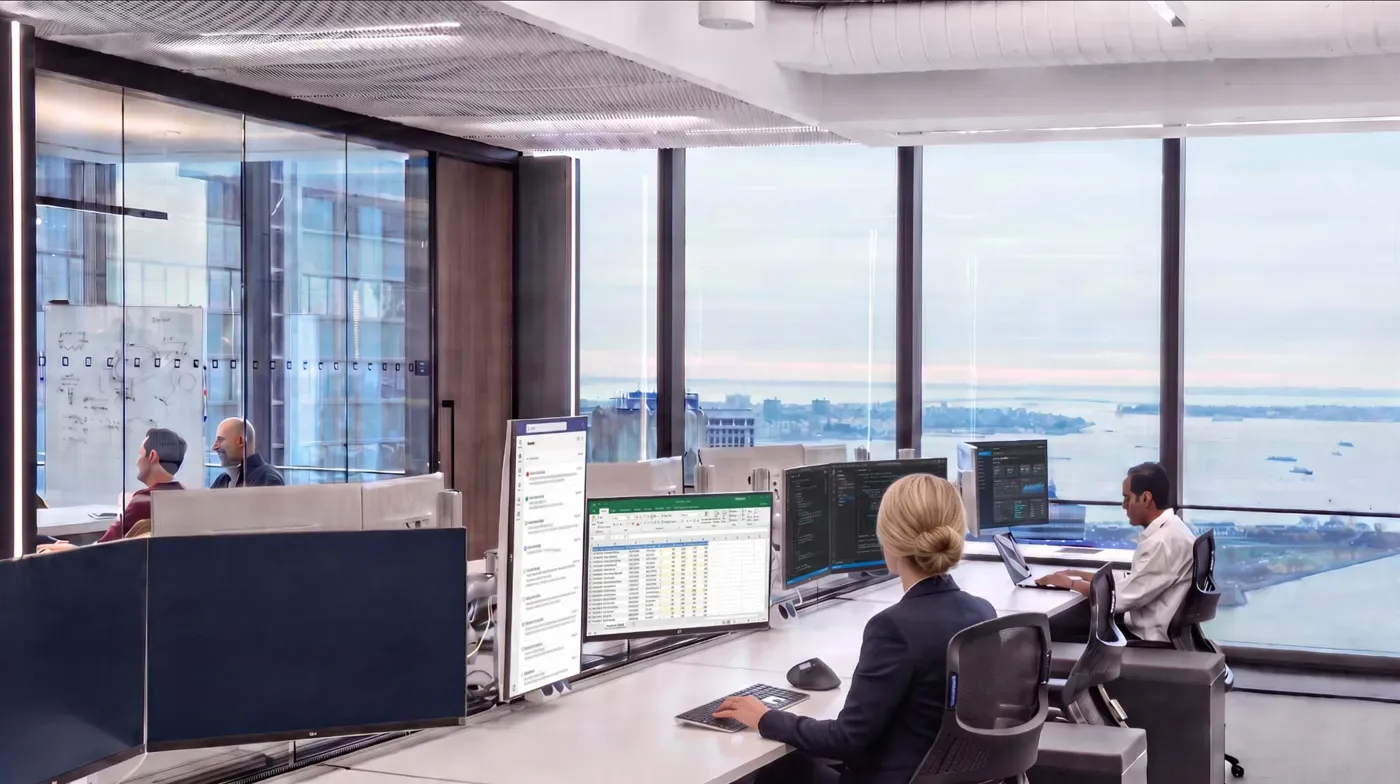 Office desk with one monitor in landscape and one in portrait on Atdec monitor arms