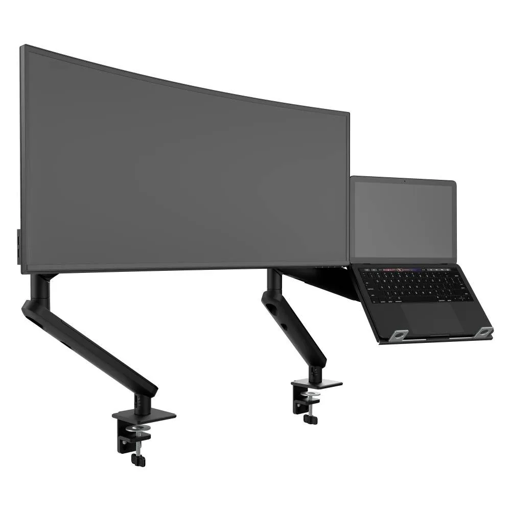 Atdec Ora Duo for monitor and laptop with a monitor arm and a ventilated laptop tray
